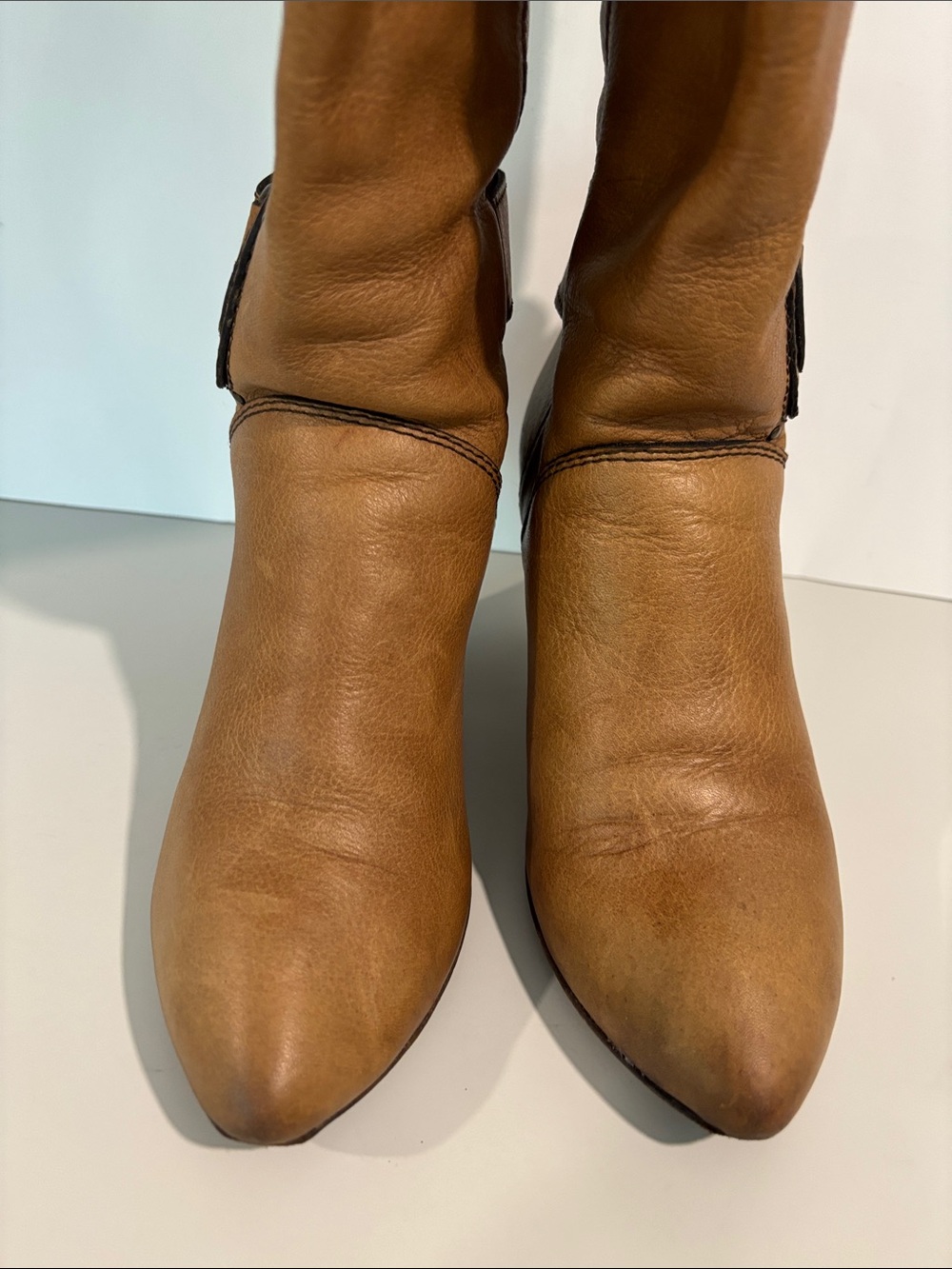 Miss Sixty Tan Leather Knee Boots Y2K Buckle Detail Stacked Heel EU 38 - Picture 6 of 15